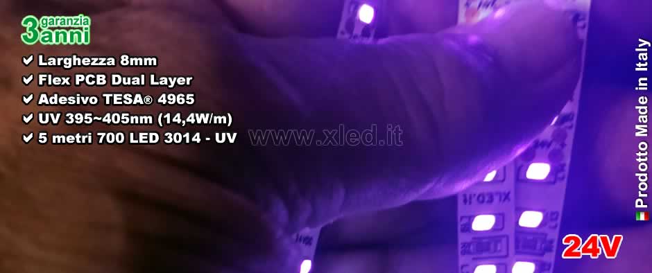 Striscia LED 3014-700-24-IP20 24VDC 72W 395~405nm - UV - Made in Italy